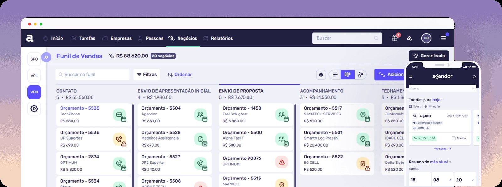 Interface do Agendor CRM — funil de vendas visual e gestão de leads integrada