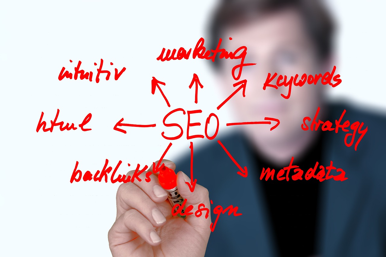 Profissional de marketing digital configurando meta tag e estratégia de SEO em prancheta com palavras-chave