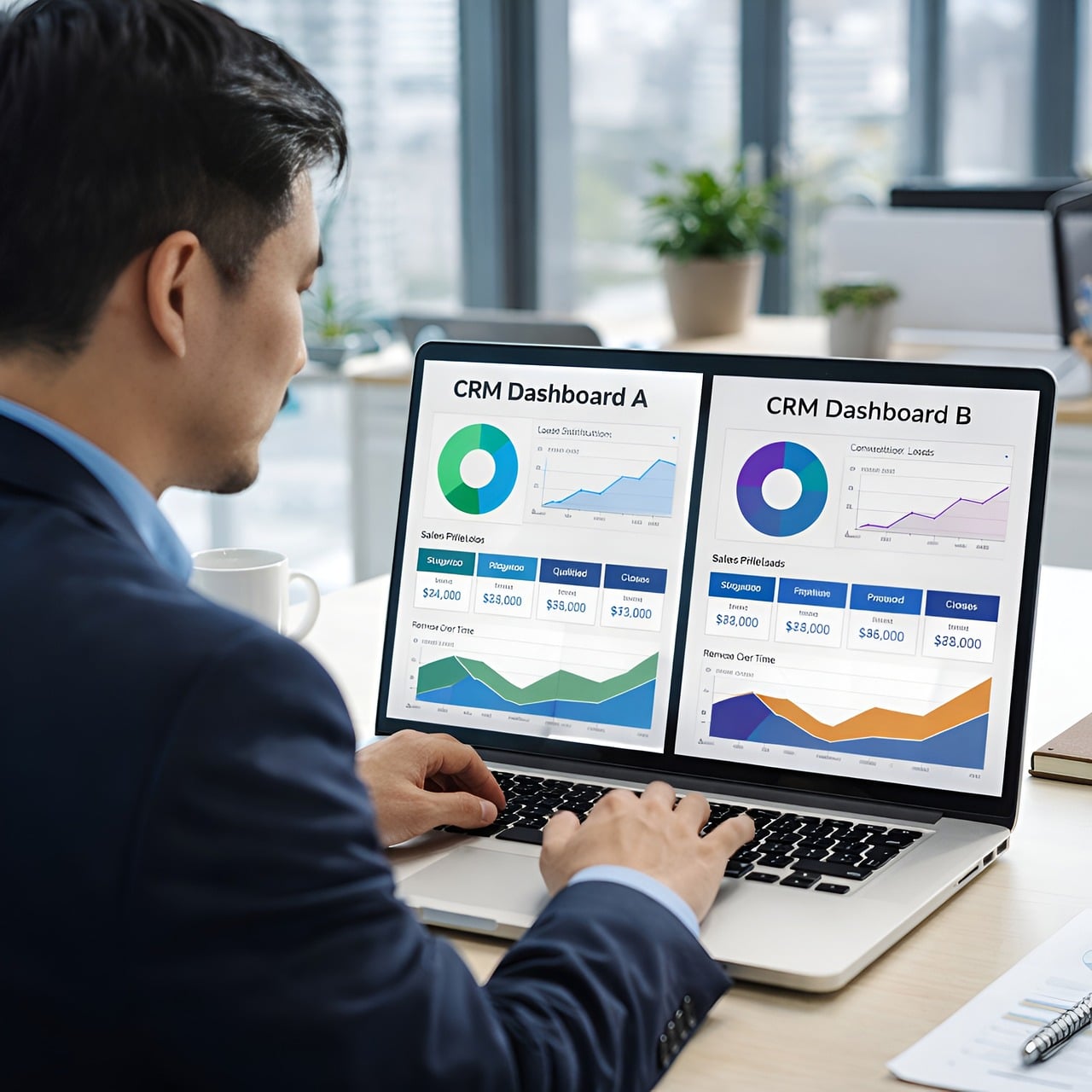 Dashboard de software CRM mostrando análise de dados e gestão de relacionamento com clientes em ambiente corporativo