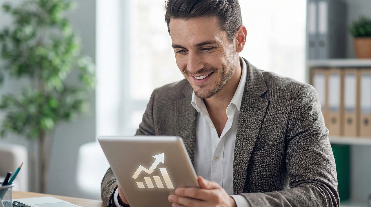 Empresário analisando crescimento de negócio após aplicar prova social na estratégia de marketing
