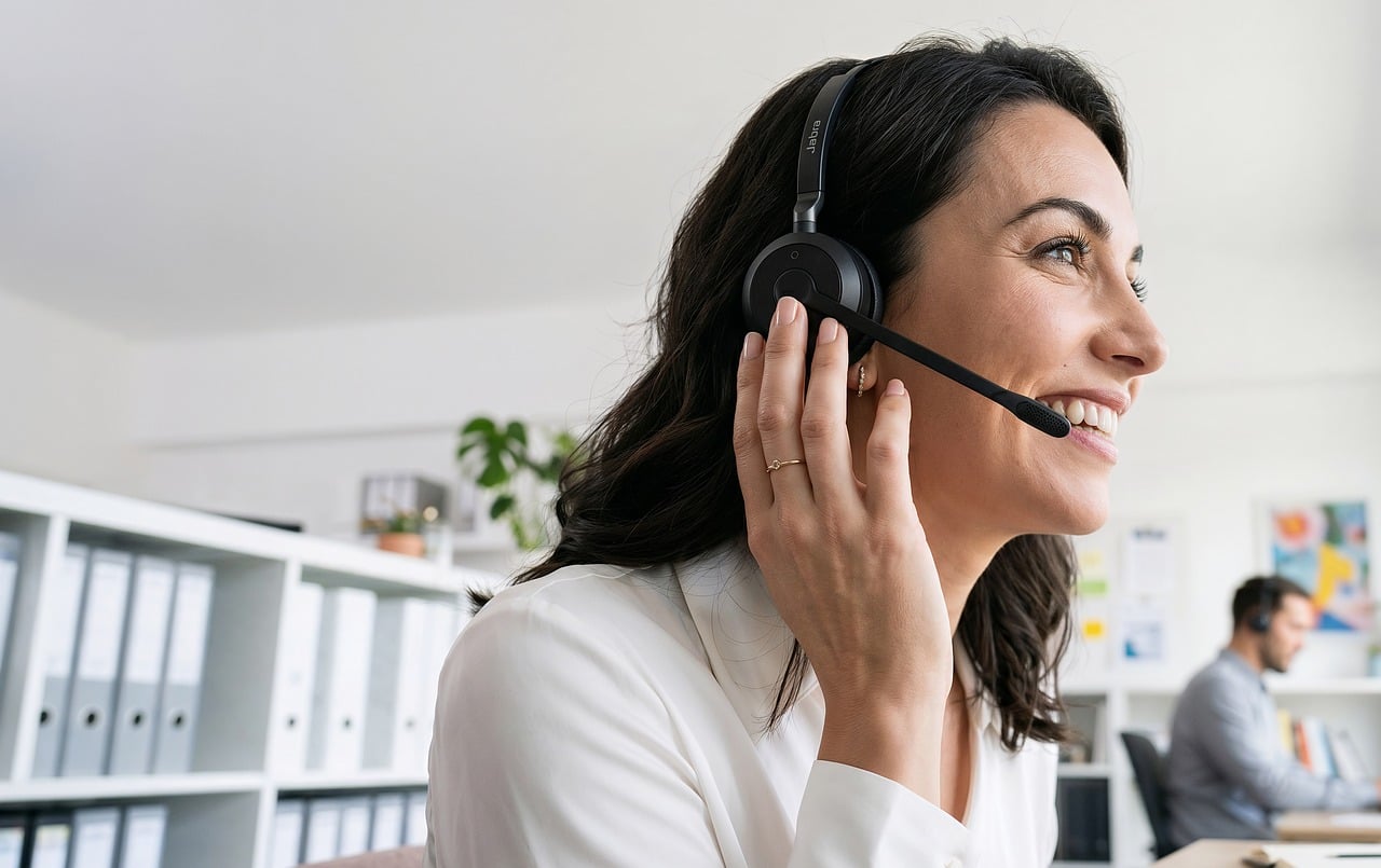 Atendente sorridente usando fone de ouvido durante atendimento ao cliente, aplicando lista de transmissão do WhatsApp Business em vendas pelo whatsapp