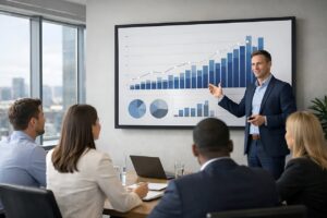 Equipe analisando gráficos em reunião sobre como calcular taxa de conversão de vendas e resultados do funil